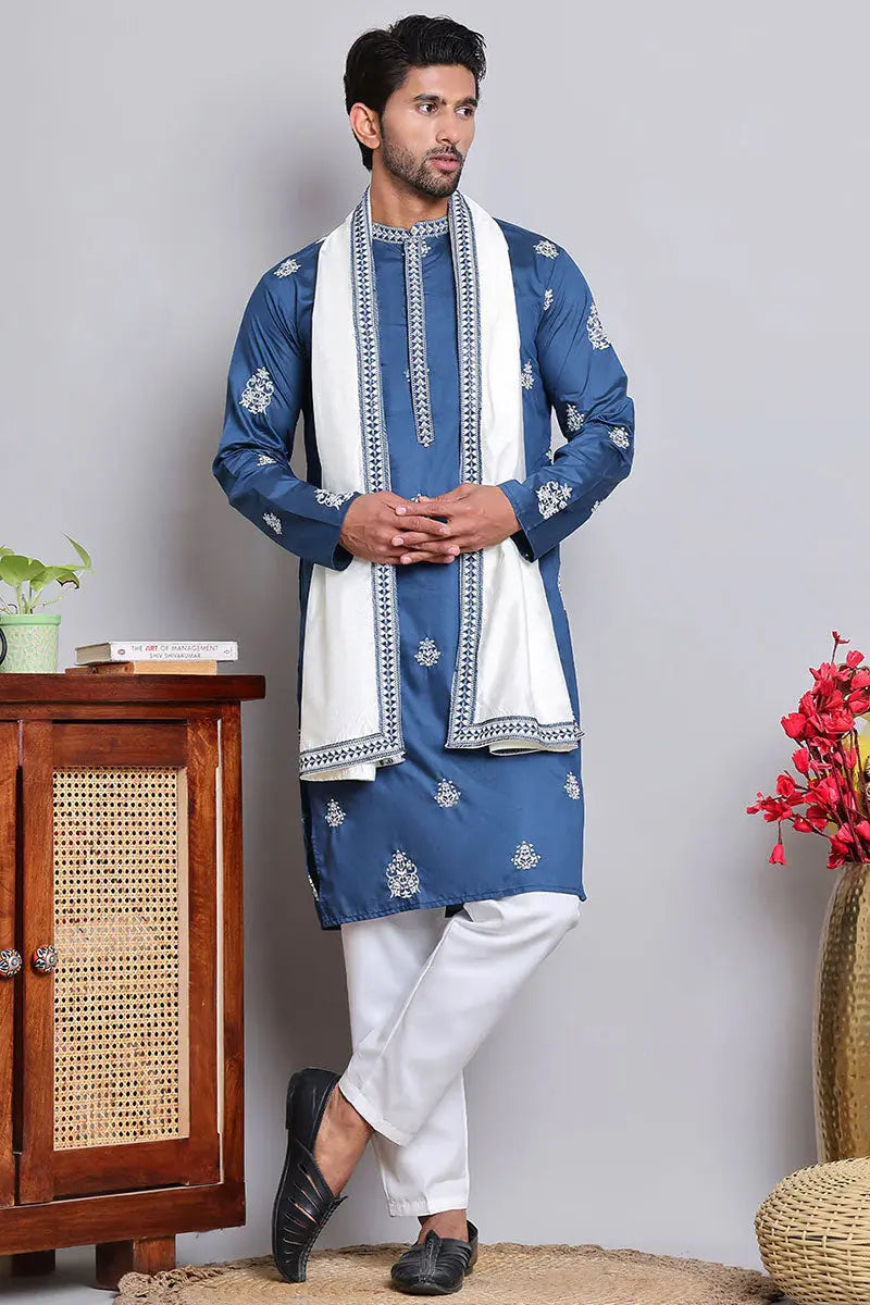 Teal blue Cotton Silk Sequins Embroidered Kurta Pajama Dupatta Set - Traditional Wear
