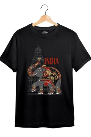 Temple Elephant Art Printed T-Shirt – Premium Round Neck - Black & Pigeon Blue - 100% Cotton Offbeat