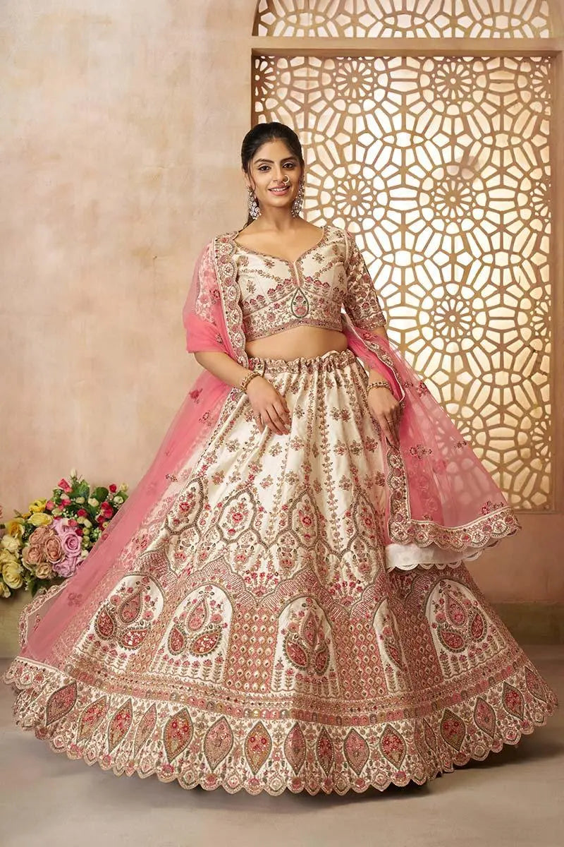Whimsical White Imperial Patterned Embroidered Bridal Lehenga