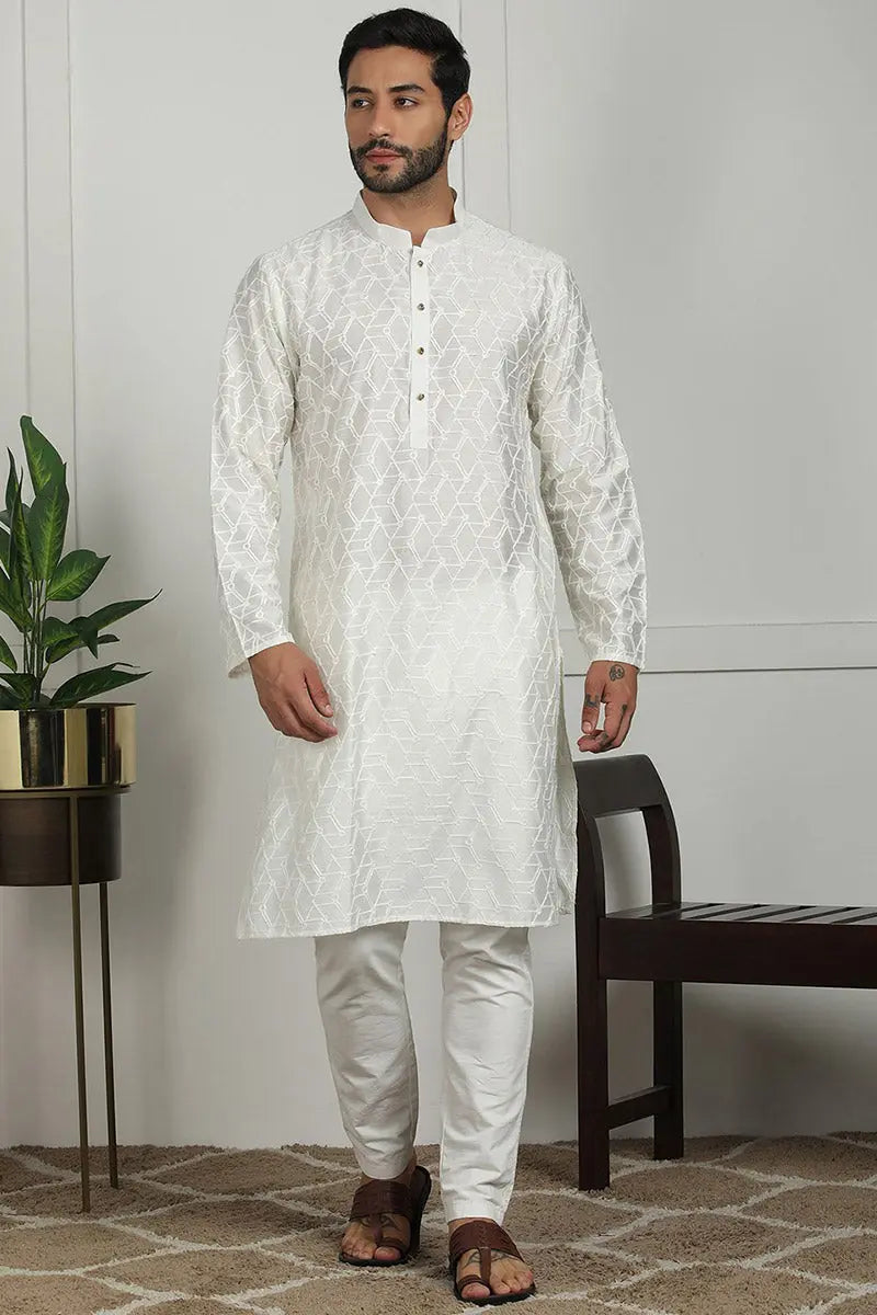 White Jacquard Kurta for Men – Festive & Formal Wear