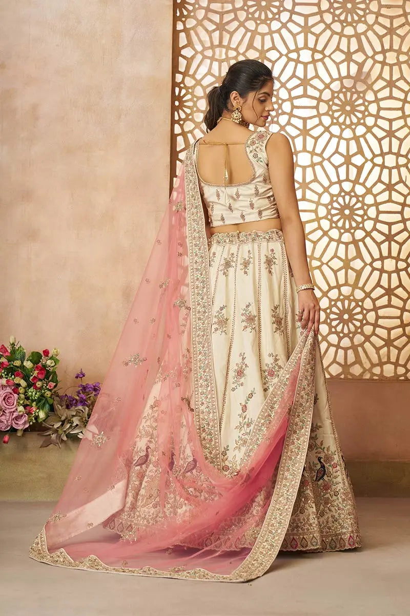 White Zari Silk Lehenga Choli with Pink Net Dupatta | Sequins & Thread Embroidery | Semi-Stitched