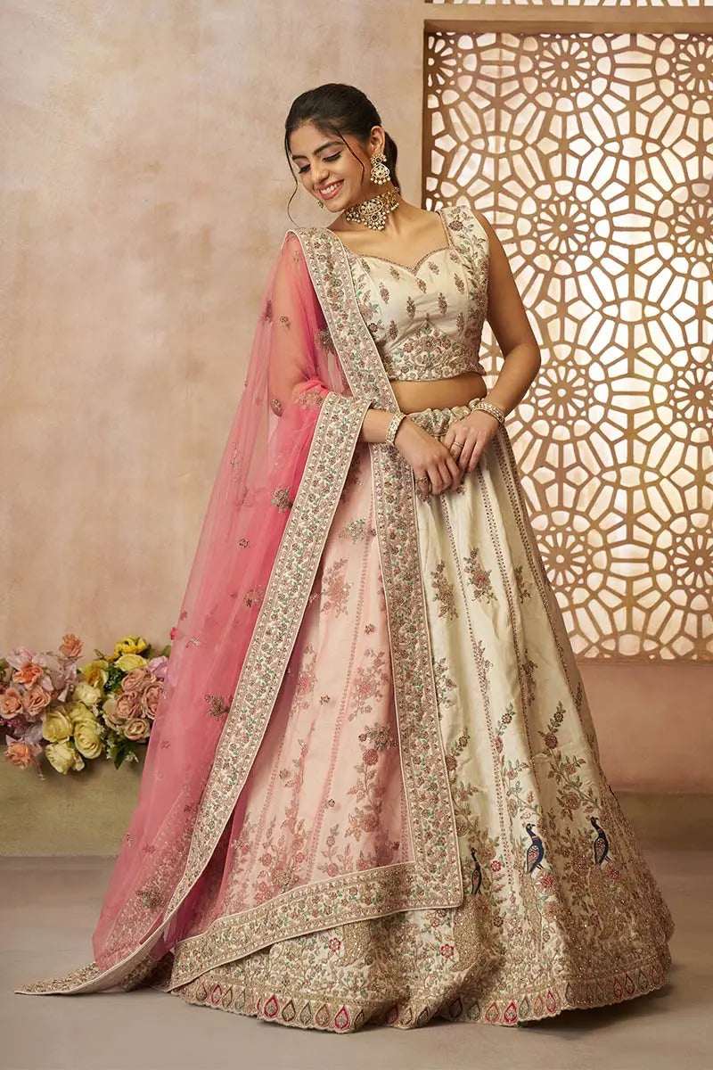 White Zari Silk Lehenga Choli with Pink Net Dupatta | Sequins & Thread Embroidery | Semi-Stitched