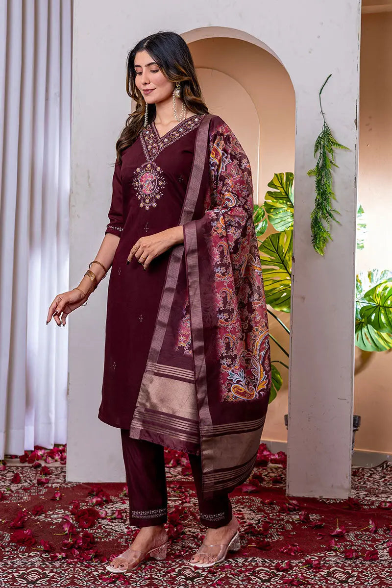 Wine Emerald Elegance Embroidered Suit with Floral Dupatta