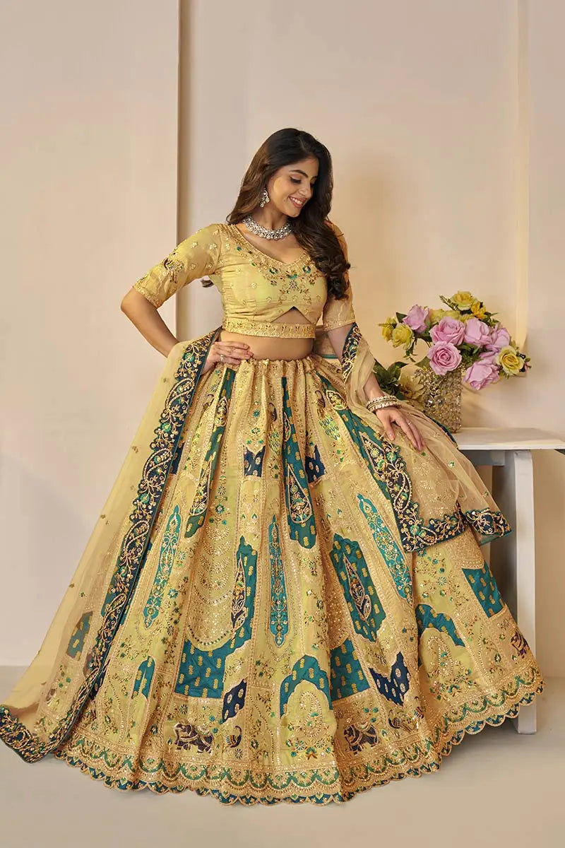 Banarasi Silk Lehenga Choli (Yellow) Choli with Net Dupatta – Hand Embroidery, Sequins & Thread Work