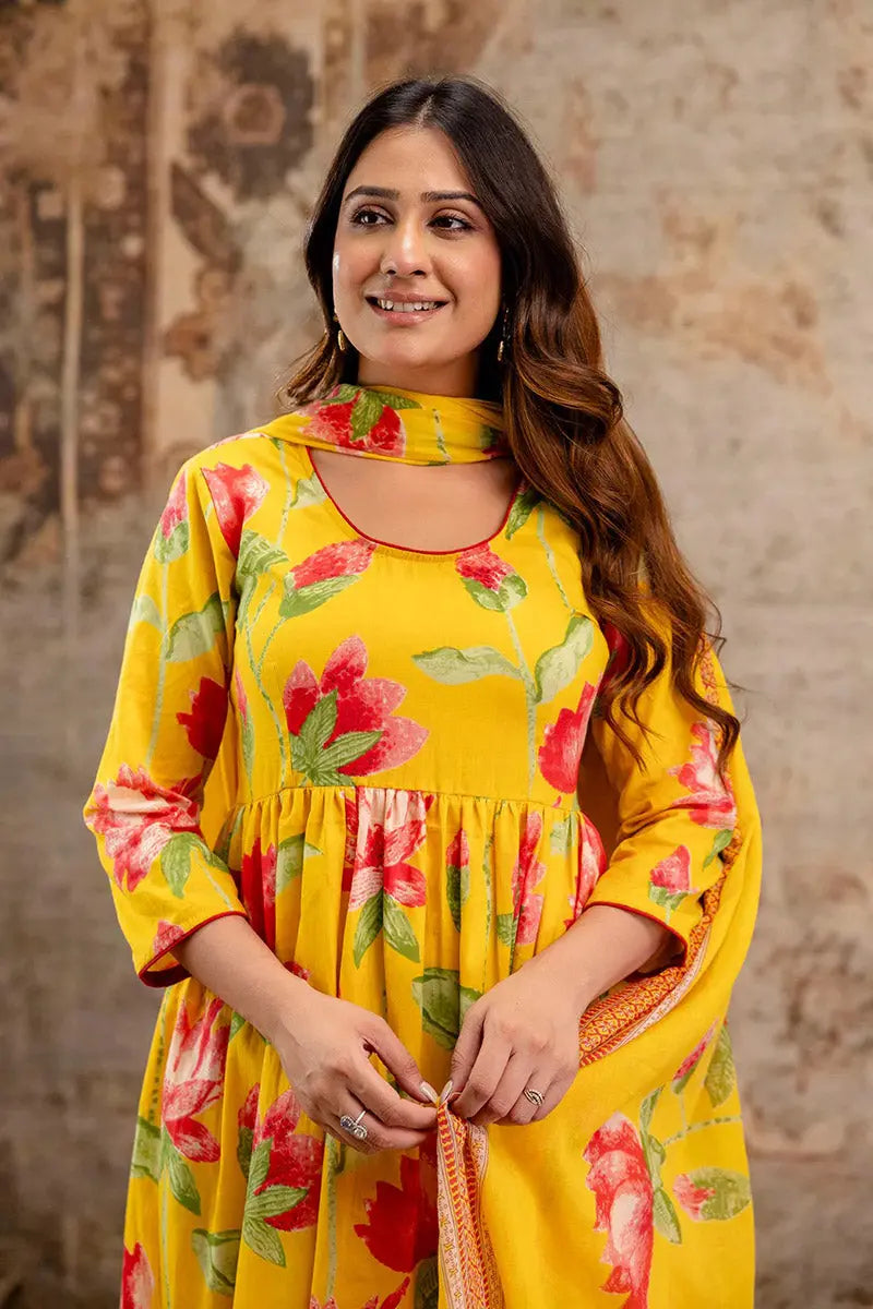 Yellow Floral Printed Cotton Kurta Set with Print Dupatta