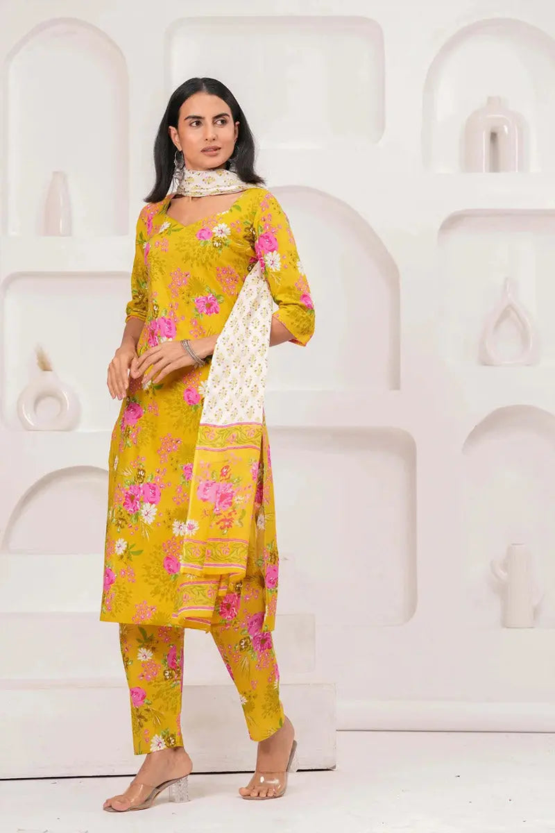 Yellow Floral Printed Cotton Kurta Set with Print Dupatta