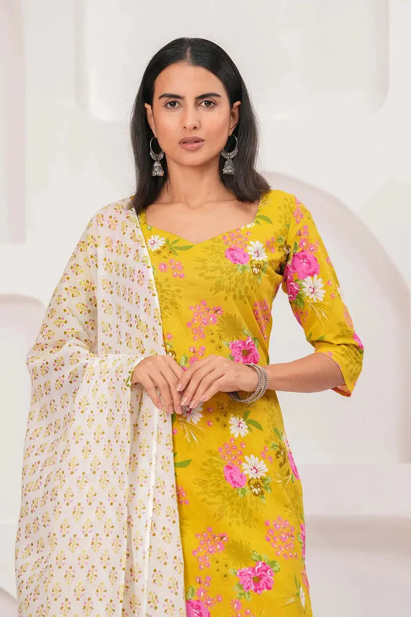 Yellow Floral Printed Cotton Kurta Set with Print Dupatta