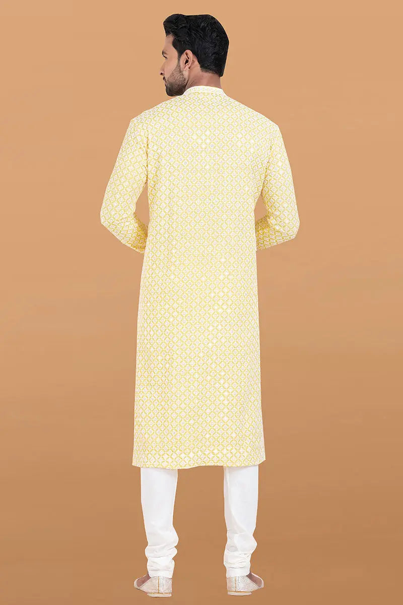 Yellow Kurta Pajama  & White Rayon Printed Kurta Set - Traditional Wear