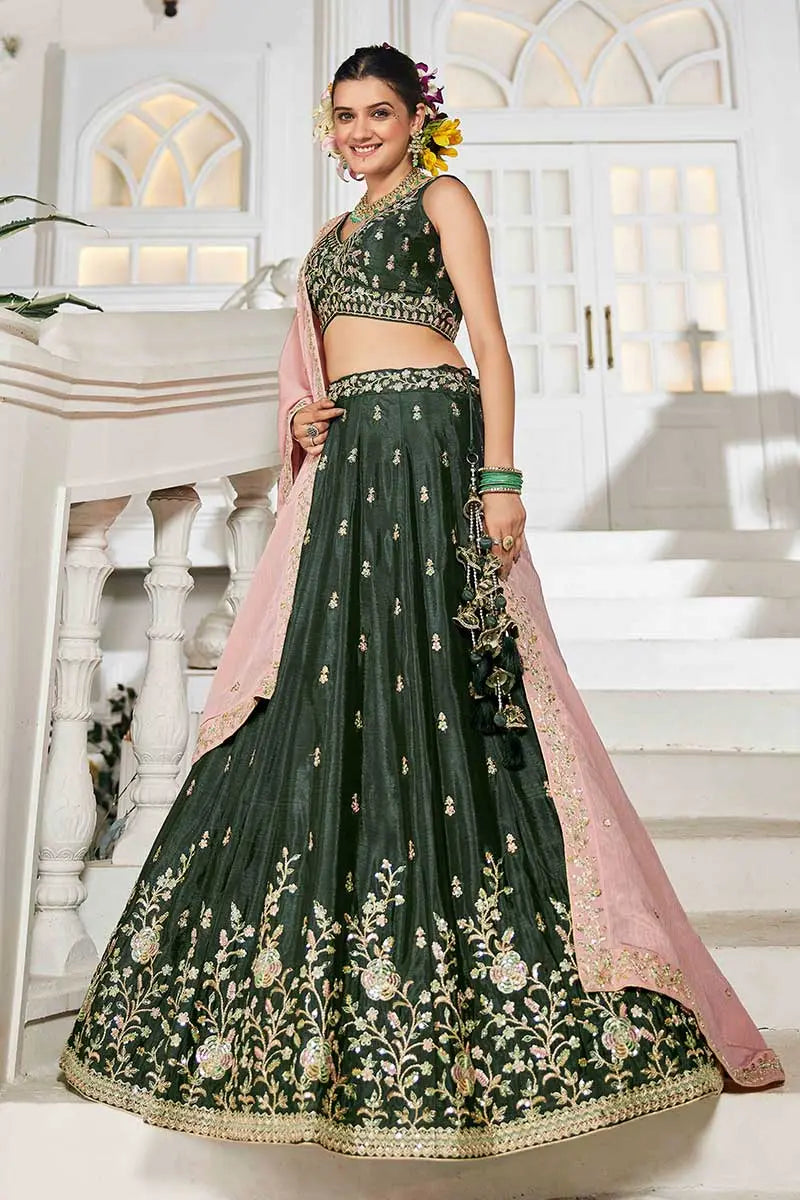 elegant lehenga Olive Embroidered  with Pink Dupatta – Festive & Wedding Wear