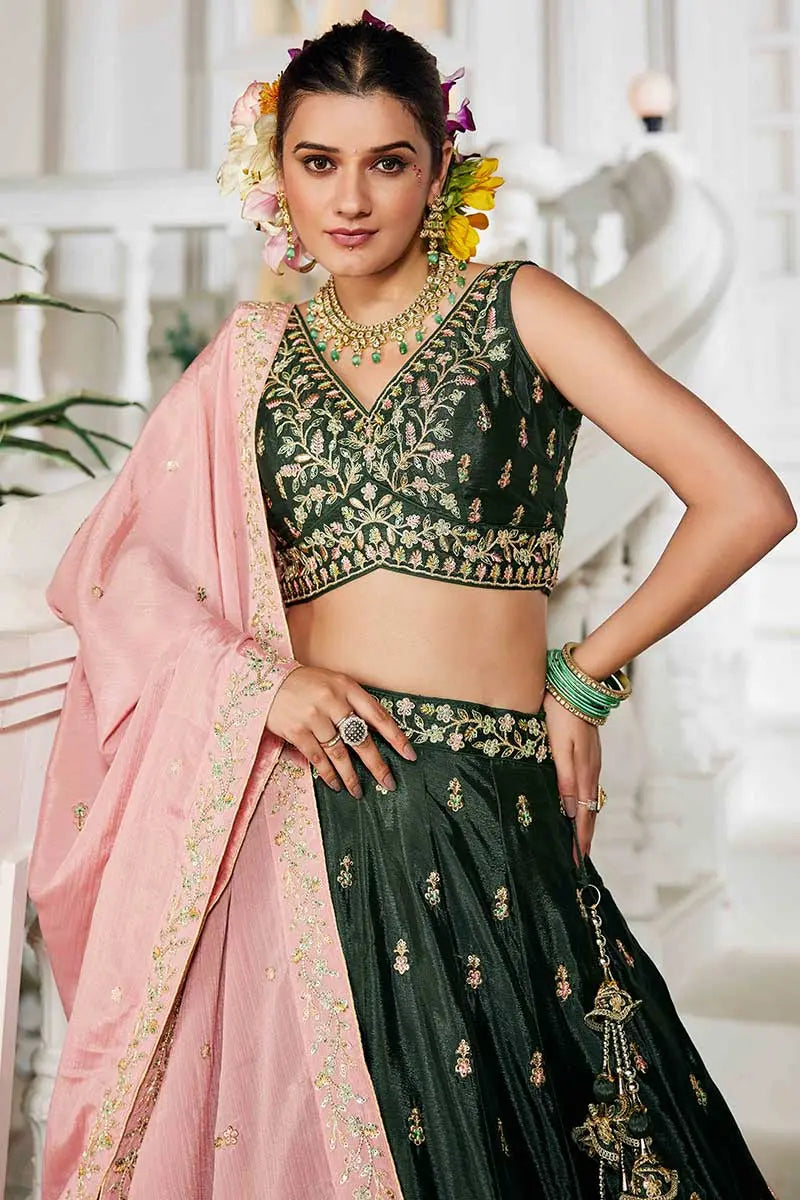 elegant lehenga Olive Embroidered  with Pink Dupatta – Festive & Wedding Wear