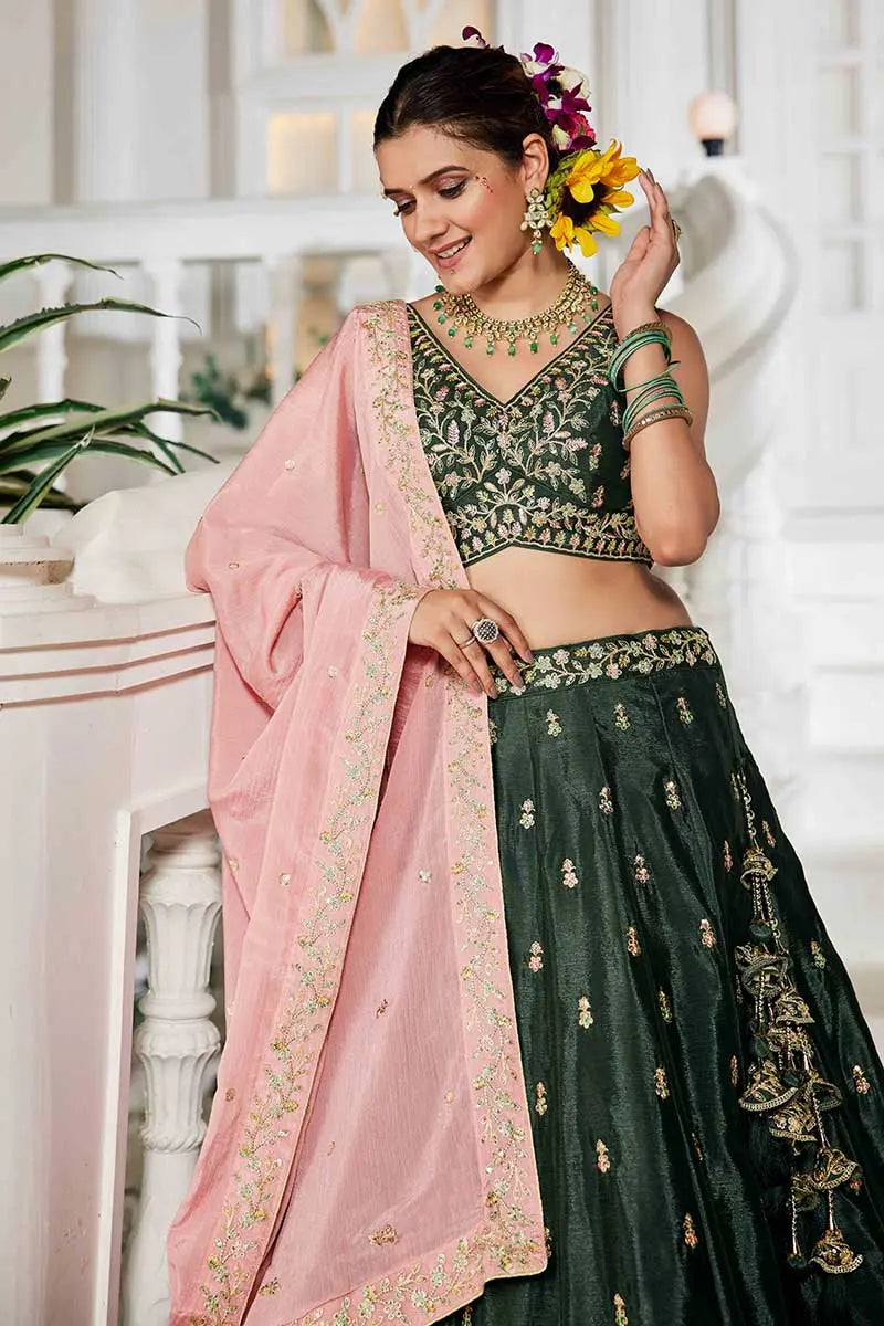 elegant lehenga Olive Embroidered  with Pink Dupatta – Festive & Wedding Wear